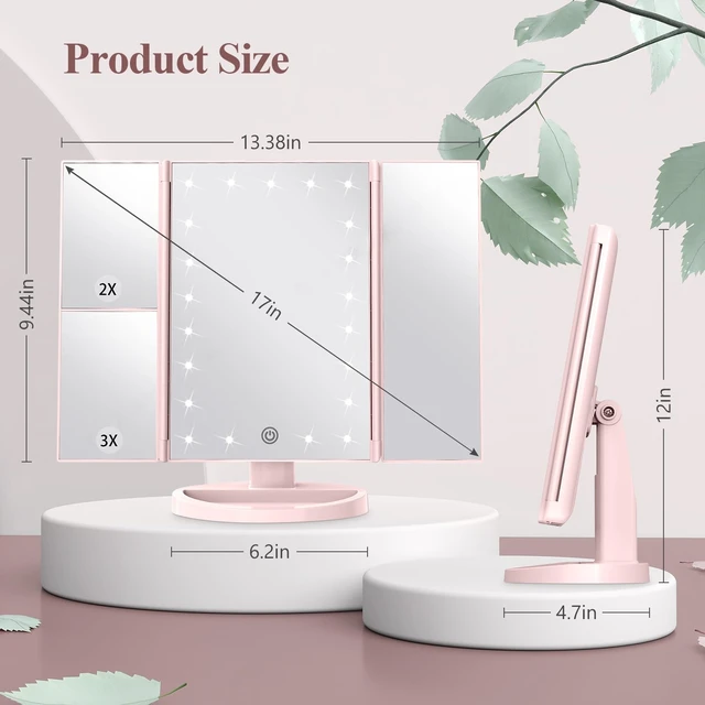 Alt view image 6 of 7 - HUONUL 2X/3X/10X Magnifying Vanity Mirror with Light, Trifold Makeup Mirror | Touch Dimming, Dual Power, Clear View for Makeup, Skincare. Dorm Room Essentials. Birthday Gifts for Women, Mom, Wife