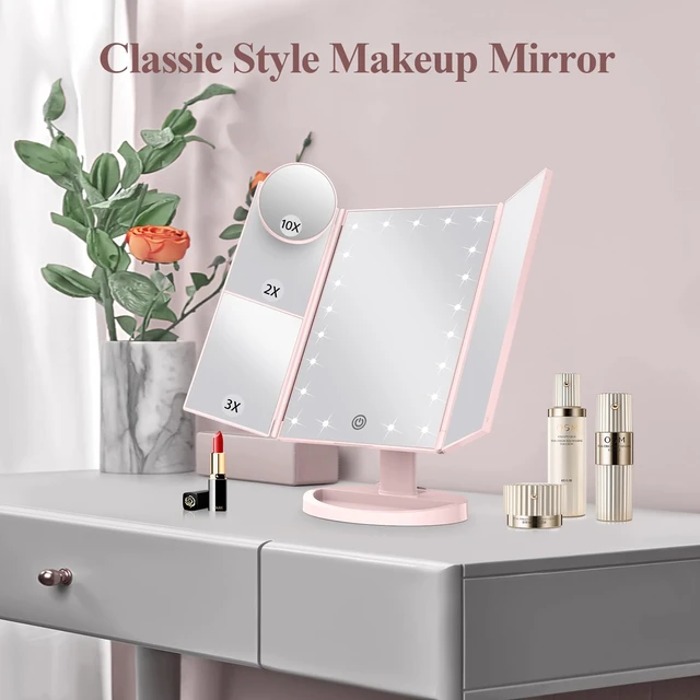 Alt view image 7 of 7 - HUONUL 2X/3X/10X Magnifying Vanity Mirror with Light, Trifold Makeup Mirror | Touch Dimming, Dual Power, Clear View for Makeup, Skincare. Dorm Room Essentials. Birthday Gifts for Women, Mom, Wife