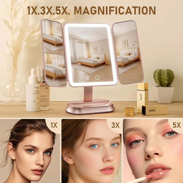 Alt view image 2 of 7 - FRANO Lighted Makeup Mirror with 1X/3X/5X Magnification, Elegant Rose Gold Trifold Vanity Mirror, Smart Touch & Sensor, 3 Lighting Modes, Rechargeable Portable Mirror for Gift - Rose Gold