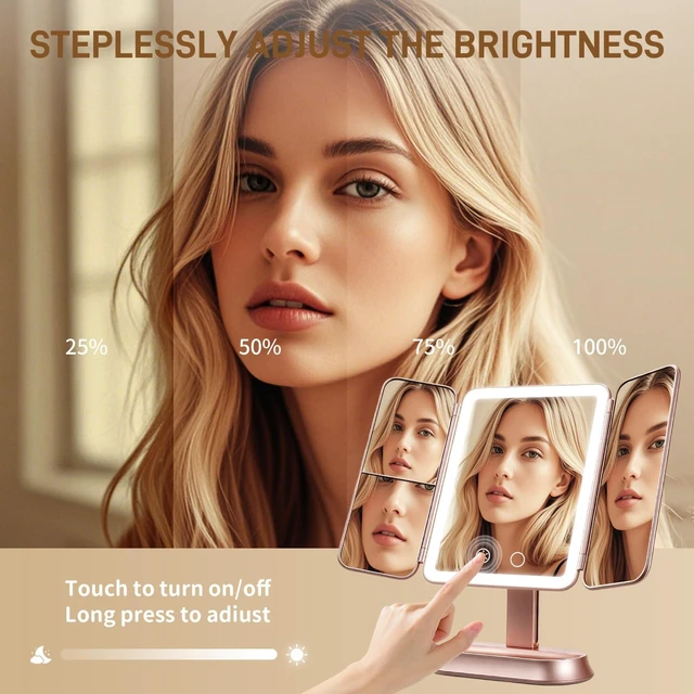 Alt view image 4 of 7 - FRANO Lighted Makeup Mirror with 1X/3X/5X Magnification, Elegant Rose Gold Trifold Vanity Mirror, Smart Touch & Sensor, 3 Lighting Modes, Rechargeable Portable Mirror for Gift - Rose Gold