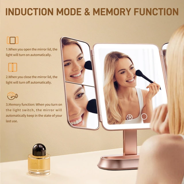 Alt view image 5 of 7 - FRANO Lighted Makeup Mirror with 1X/3X/5X Magnification, Elegant Rose Gold Trifold Vanity Mirror, Smart Touch & Sensor, 3 Lighting Modes, Rechargeable Portable Mirror for Gift - Rose Gold