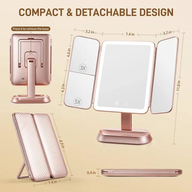 Alt view image 6 of 7 - FRANO Lighted Makeup Mirror with 1X/3X/5X Magnification, Elegant Rose Gold Trifold Vanity Mirror, Smart Touch & Sensor, 3 Lighting Modes, Rechargeable Portable Mirror for Gift - Rose Gold