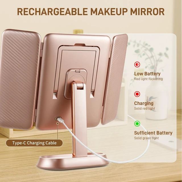 Alt view image 7 of 7 - FRANO Lighted Makeup Mirror with 1X/3X/5X Magnification, Elegant Rose Gold Trifold Vanity Mirror, Smart Touch & Sensor, 3 Lighting Modes, Rechargeable Portable Mirror for Gift - Rose Gold