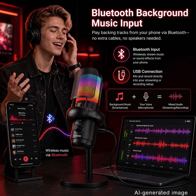 Alt view image 5 of 7 - SINWE USB Mic with AI Noise Cancellation & RGB, Gaming Microphone | 1-Knob Control: Noise Reduction, Gain, Reverb, Monitor. Quick Mute, Plug & Play for PC, PS4/5, Streaming, Podcast