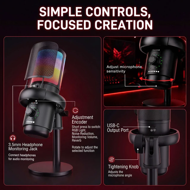 Alt view image 6 of 7 - SINWE USB Mic with AI Noise Cancellation & RGB, Gaming Microphone | 1-Knob Control: Noise Reduction, Gain, Reverb, Monitor. Quick Mute, Plug & Play for PC, PS4/5, Streaming, Podcast