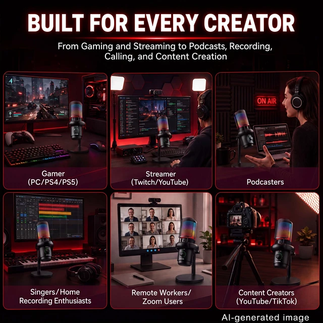 Alt view image 7 of 7 - SINWE USB Mic with AI Noise Cancellation & RGB, Gaming Microphone | 1-Knob Control: Noise Reduction, Gain, Reverb, Monitor. Quick Mute, Plug & Play for PC, PS4/5, Streaming, Podcast