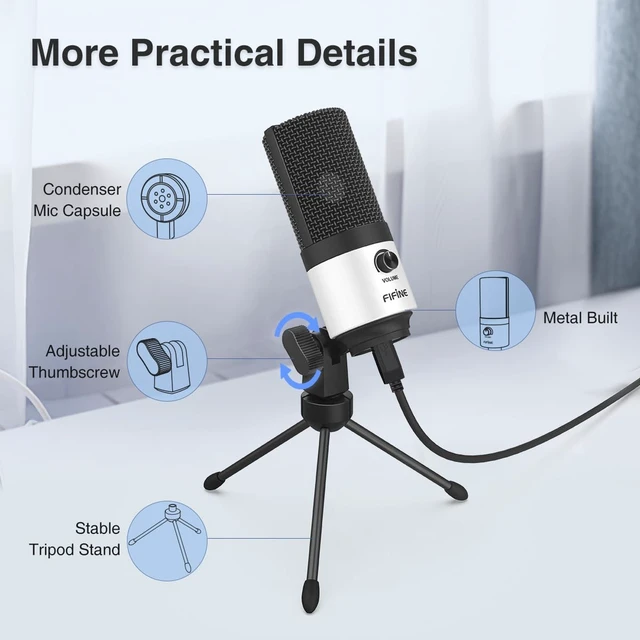 Alt view image 5 of 7 - FIFINE K669 White USB Desktop Microphone for Recording, Online Meeting | Podcast Condenser Mic for Computer, Volume Knob, Metal Tripod Stand, Voice-Over, Vocals, Home Studio, YouTube