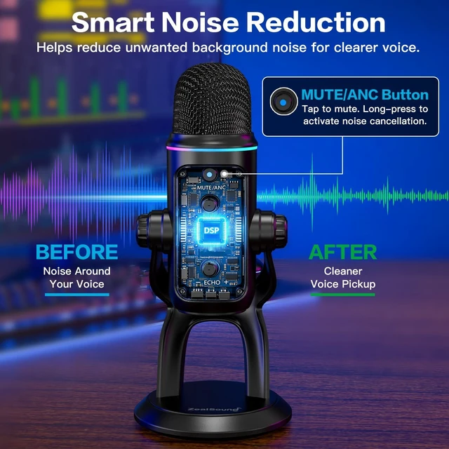 Alt view image 3 of 7 - ZealSound Podcast Microphone with Noise Reduction, Gain & Mute for YouTube | USB Mic with Zero-Latency Monitoring, Echo Control & RGB for Podcasting and Recording, Compatible with PC, Mac, iPhone