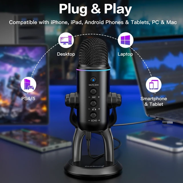Alt view image 4 of 7 - ZealSound Podcast Microphone with Noise Reduction, Gain & Mute for YouTube | USB Mic with Zero-Latency Monitoring, Echo Control & RGB for Podcasting and Recording, Compatible with PC, Mac, iPhone