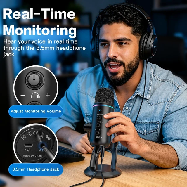 Alt view image 6 of 7 - ZealSound Podcast Microphone with Noise Reduction, Gain & Mute for YouTube | USB Mic with Zero-Latency Monitoring, Echo Control & RGB for Podcasting and Recording, Compatible with PC, Mac, iPhone