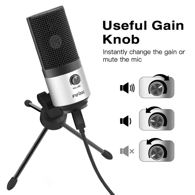 Alt view image 2 of 6 - FIFINE K669 Silver USB Microphone for Zoom Video Meeting Online Class | Metal Condenser Mic, Gain Knob Control, USB Plug and Play, Work with Desktop/PC