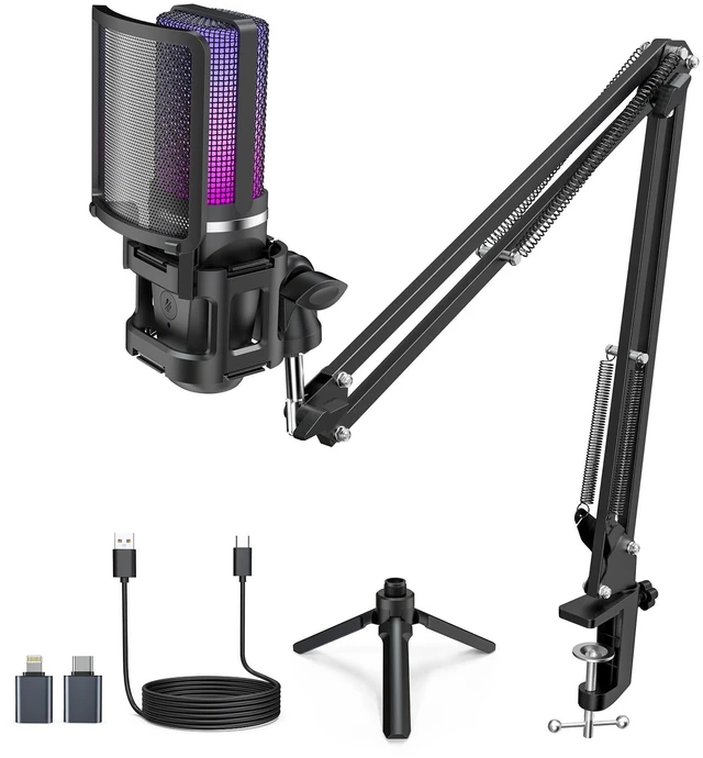 Main image of ZealSound Podcast Microphone with Noise Reduction for PC, iPhone & Android | USB Mic with Boom Arm & Tripod Stand, Gain & Mute Controls, Zero-Latency Monitoring & RGB Lighting for Podcasting & YouTube