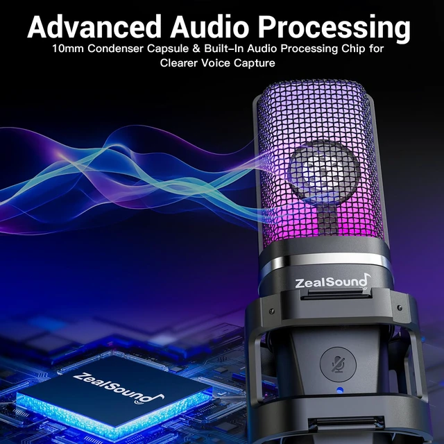 Alt view image 2 of 7 - ZealSound Podcast Microphone with Noise Reduction for PC, iPhone & Android | USB Mic with Boom Arm & Tripod Stand, Gain & Mute Controls, Zero-Latency Monitoring & RGB Lighting for Podcasting & YouTube