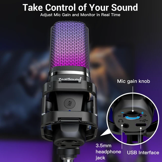 Alt view image 4 of 7 - ZealSound Podcast Microphone with Noise Reduction for PC, iPhone & Android | USB Mic with Boom Arm & Tripod Stand, Gain & Mute Controls, Zero-Latency Monitoring & RGB Lighting for Podcasting & YouTube