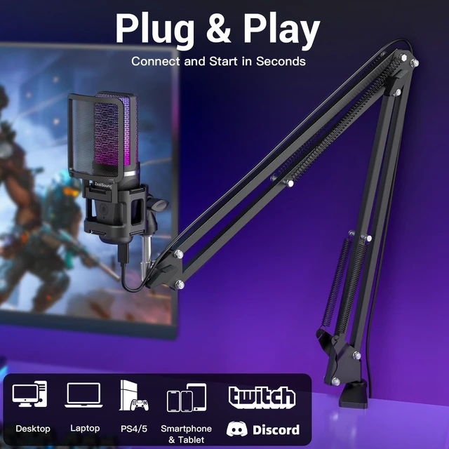 Alt view image 5 of 7 - ZealSound Podcast Microphone with Noise Reduction for PC, iPhone & Android | USB Mic with Boom Arm & Tripod Stand, Gain & Mute Controls, Zero-Latency Monitoring & RGB Lighting for Podcasting & YouTube