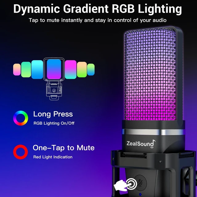Alt view image 6 of 7 - ZealSound Podcast Microphone with Noise Reduction for PC, iPhone & Android | USB Mic with Boom Arm & Tripod Stand, Gain & Mute Controls, Zero-Latency Monitoring & RGB Lighting for Podcasting & YouTube