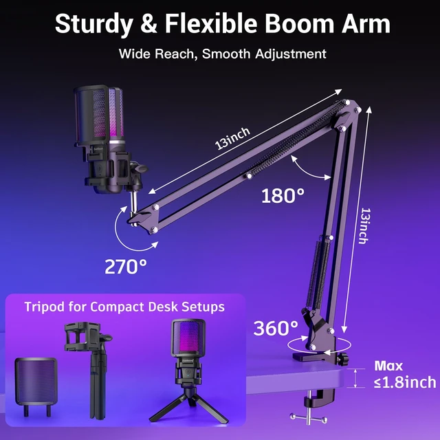 Alt view image 7 of 7 - ZealSound Podcast Microphone with Noise Reduction for PC, iPhone & Android | USB Mic with Boom Arm & Tripod Stand, Gain & Mute Controls, Zero-Latency Monitoring & RGB Lighting for Podcasting & YouTube