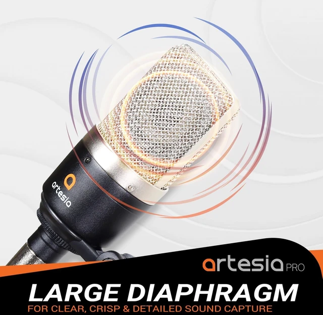 Alt view image 2 of 7 - Artesia AMC-10 Condenser Microphone with Desktop Stand & 8ft XLR Cable Output, Professional Cardioid Studio Mic with Shock Mount & Pop Filter for Vocal Recording, Podcasting, Music Production