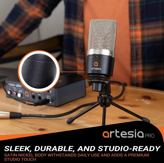 Alt view image 6 of 7 - Artesia AMC-10 Condenser Microphone with Desktop Stand & 8ft XLR Cable Output, Professional Cardioid Studio Mic with Shock Mount & Pop Filter for Vocal Recording, Podcasting, Music Production