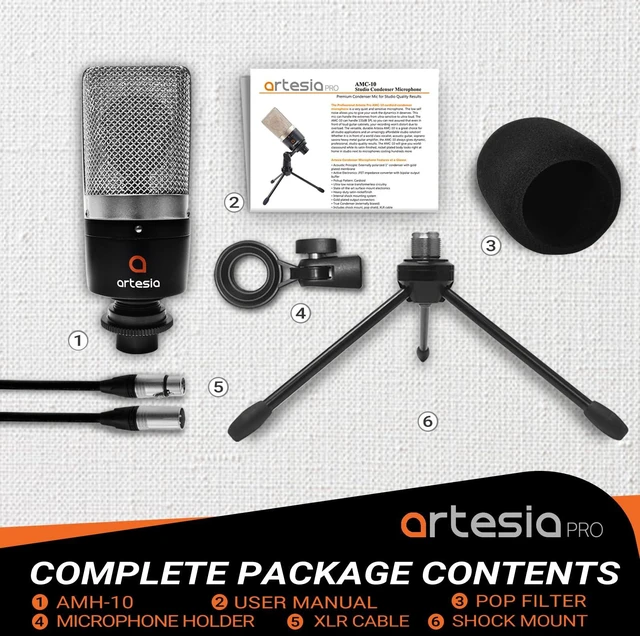 Alt view image 7 of 7 - Artesia AMC-10 Condenser Microphone with Desktop Stand & 8ft XLR Cable Output, Professional Cardioid Studio Mic with Shock Mount & Pop Filter for Vocal Recording, Podcasting, Music Production