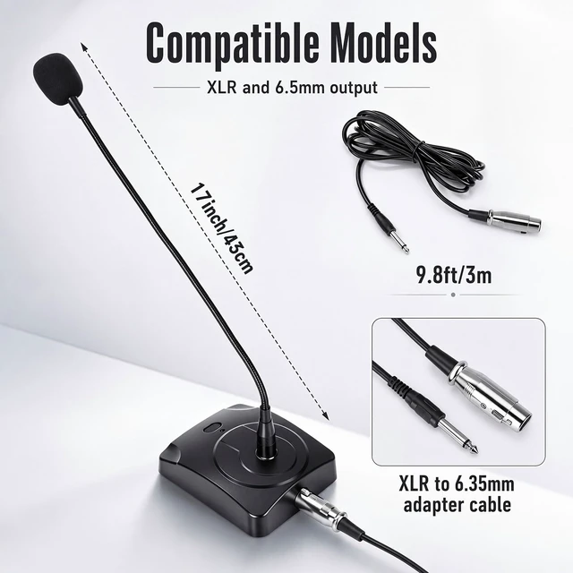 Alt view image 3 of 6 - Tellegloww 3 Pcs Gooseneck Wired Microphone with Base | Desktop 3pin Xlr Condenser Microphone with 9.8 ft Adapter Cable Conference Room Recording Studio Podium Live Broadcast Blog