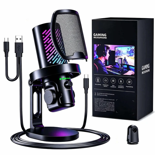 Main image of CG1 RGB Condenser Microphone Plug & Play, Noise Cancellation, Mute,Computer/Mic Monitoring Balance Adjustment, Headphone Jack, Desktop Stand for Gaming, Streaming, Podcasting, PC/Type-C Phones