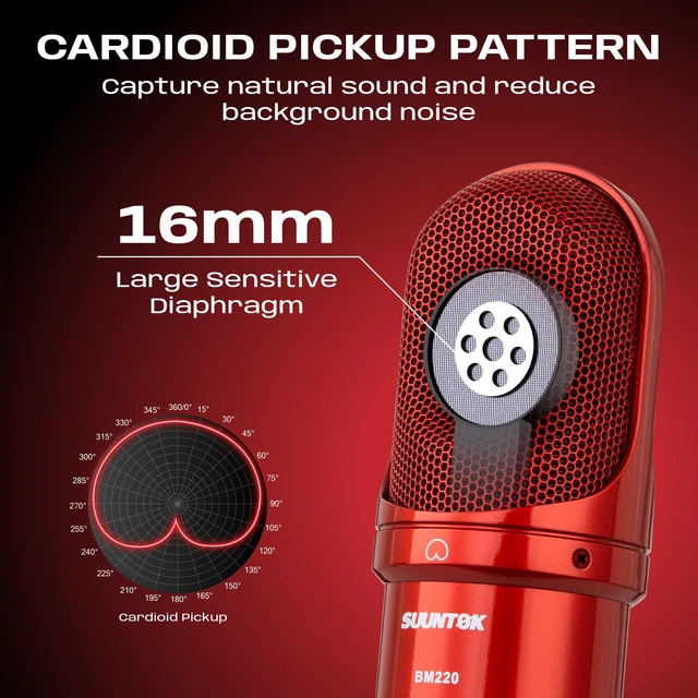 Alt view image 3 of 7 - SUUNTOK XLR Condenser Microphone, Recording Microphone with Shock Mount, Home Studio Mic Kit for Voice-Over, Streaming, ASMR, You-Tube Live, Content Creation (Red)