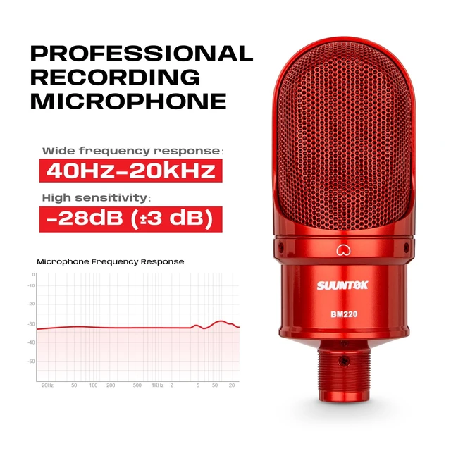 Alt view image 4 of 7 - SUUNTOK XLR Condenser Microphone, Recording Microphone with Shock Mount, Home Studio Mic Kit for Voice-Over, Streaming, ASMR, You-Tube Live, Content Creation (Red)