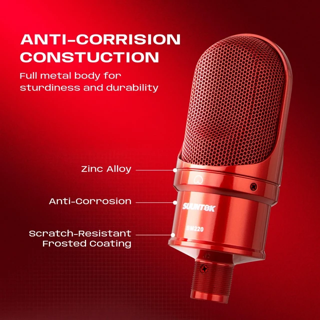 Alt view image 5 of 7 - SUUNTOK XLR Condenser Microphone, Recording Microphone with Shock Mount, Home Studio Mic Kit for Voice-Over, Streaming, ASMR, You-Tube Live, Content Creation (Red)