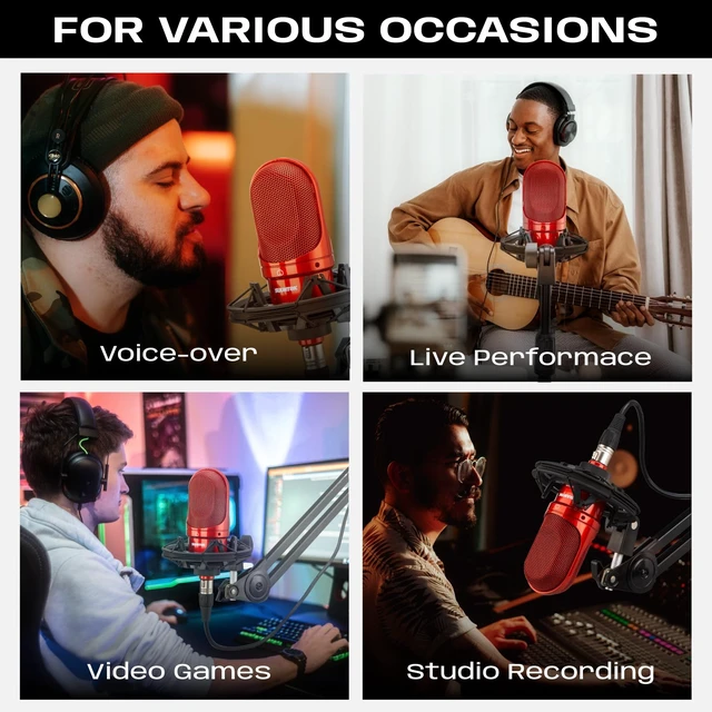 Alt view image 6 of 7 - SUUNTOK XLR Condenser Microphone, Recording Microphone with Shock Mount, Home Studio Mic Kit for Voice-Over, Streaming, ASMR, You-Tube Live, Content Creation (Red)