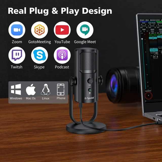 Alt view image 2 of 7 - Spedal USB Microphone for PC Mac PS4 & PS5, 4 Professional Pickup Patterns, Computer Mic for Recording Streaming Podcast, Anti-Vibration Shock Mount, Headphone Output and Volume Control,Gray