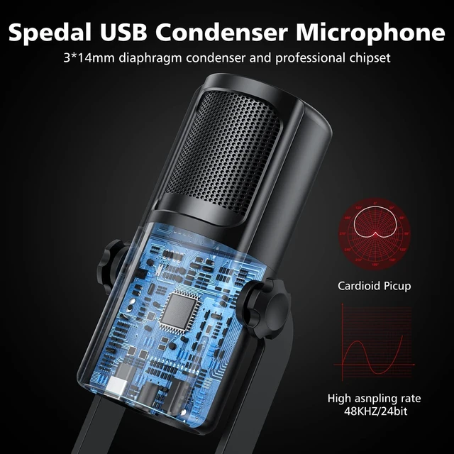 Alt view image 4 of 7 - Spedal USB Microphone for PC Mac PS4 & PS5, 4 Professional Pickup Patterns, Computer Mic for Recording Streaming Podcast, Anti-Vibration Shock Mount, Headphone Output and Volume Control,Gray