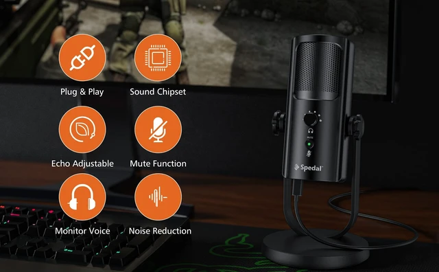 Alt view image 5 of 7 - Spedal USB Microphone for PC Mac PS4 & PS5, 4 Professional Pickup Patterns, Computer Mic for Recording Streaming Podcast, Anti-Vibration Shock Mount, Headphone Output and Volume Control,Gray
