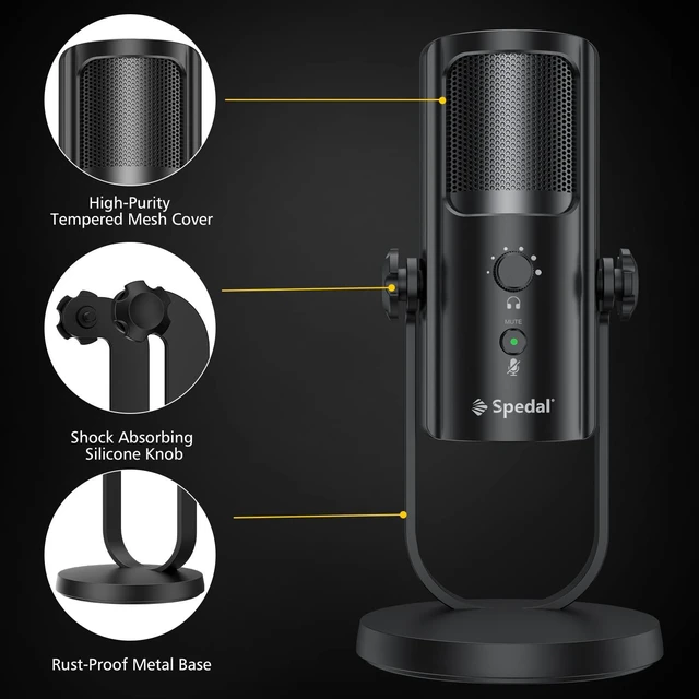 Alt view image 7 of 7 - Spedal USB Microphone for PC Mac PS4 & PS5, 4 Professional Pickup Patterns, Computer Mic for Recording Streaming Podcast, Anti-Vibration Shock Mount, Headphone Output and Volume Control,Gray