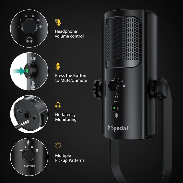 Alt view image 6 of 7 - Spedal USB Microphone for PC Mac PS4 & PS5, 4 Professional Pickup Patterns, Computer Mic for Recording Streaming Podcast, Anti-Vibration Shock Mount, Headphone Output and Volume Control,Gray