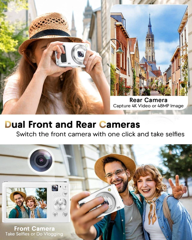 Alt view image 4 of 7 - Digital Camera,4K 48MP Camera for Photography,Dual Lens,Autofocus,Beginners | Vlogging Camera with 32GB SD Card, Compact Point and Shoot with Front and Rear Lens, 16X Zoom, Anti-Shake, 2 Batteries