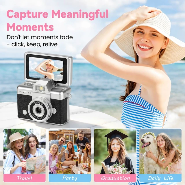 Alt view image 2 of 7 - Mini Flip Screen Digital Camera, 1.47 Inch Pocket Retro Camera with USB-C Charging, 1080P/720P Video, MicroSD Support Up to 128GB, Portable Keychain Camera (Black)