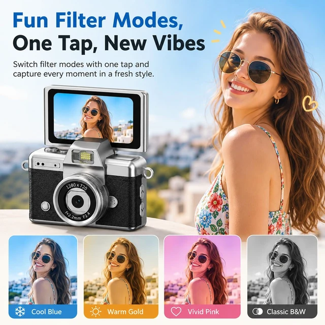 Alt view image 3 of 7 - Mini Flip Screen Digital Camera, 1.47 Inch Pocket Retro Camera with USB-C Charging, 1080P/720P Video, MicroSD Support Up to 128GB, Portable Keychain Camera (Black)