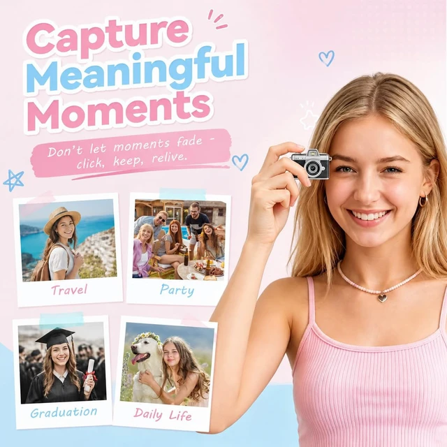 Alt view image 4 of 7 - Mini Flip Screen Digital Camera, 1.47 Inch Pocket Retro Camera with USB-C Charging, 1080P/720P Video, MicroSD Support Up to 128GB, Portable Keychain Camera (Black)
