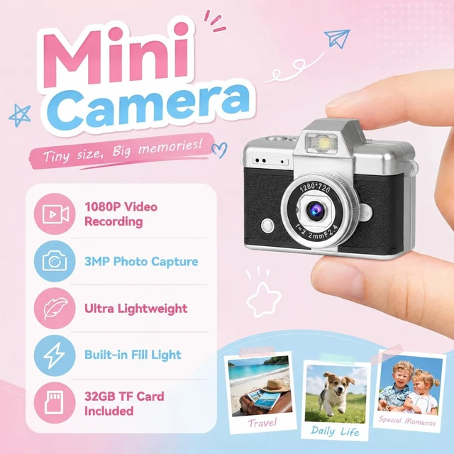 Alt view image 5 of 7 - Mini Flip Screen Digital Camera, 1.47 Inch Pocket Retro Camera with USB-C Charging, 1080P/720P Video, MicroSD Support Up to 128GB, Portable Keychain Camera (Black)