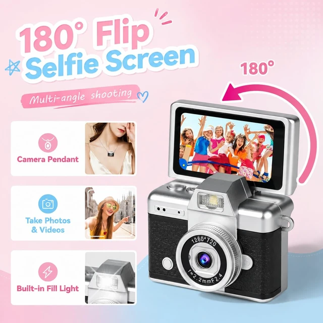 Alt view image 6 of 7 - Mini Flip Screen Digital Camera, 1.47 Inch Pocket Retro Camera with USB-C Charging, 1080P/720P Video, MicroSD Support Up to 128GB, Portable Keychain Camera (Black)