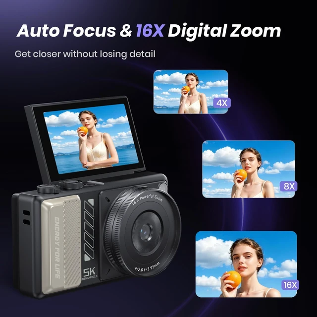 Alt view image 4 of 7 - 5K Digital Camera for Photography, 2026 Latest 80MP Autofocus WiFi Vlogging Camera for YouTube, 3'' 180° Flip Screen Compact Travel Cameras for Beginners with 16X Zoom, 32GB TF Card, Flash (Black)