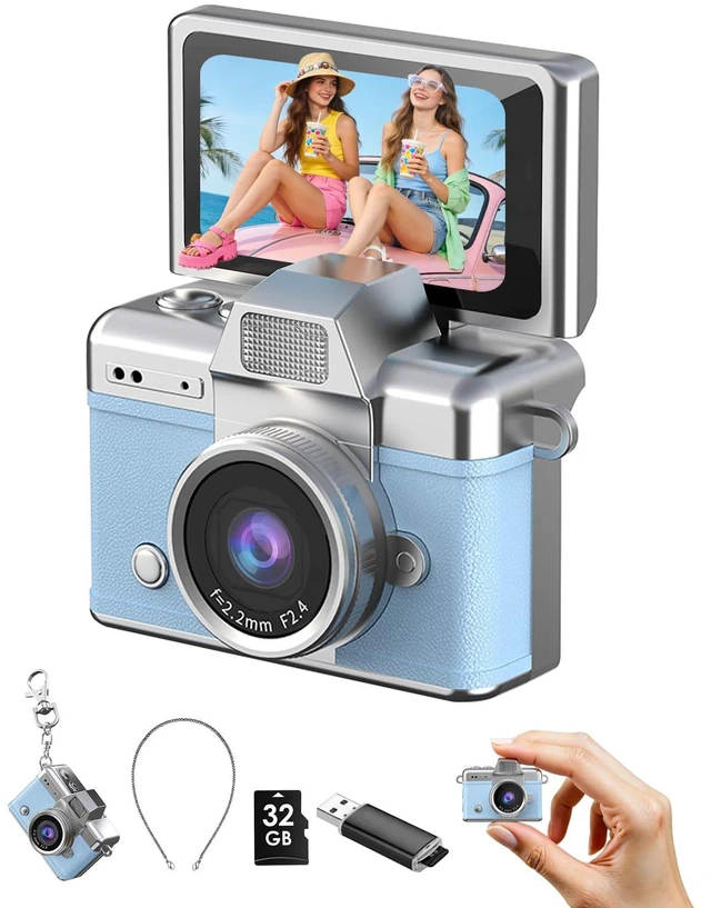 Main image of DollRank Mini Keychain Camera, 1080P Portable Digital Camera with 1.47 Flip LCD & Flash, Retro Collectible Pocket Camera for Travel, Parties, Birthday(Blue32GB)