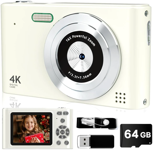 Main image of Digital Camera, 44MP Full HD 1080P Point and Shoot Camera with 64GB Card, Anti Shake 16X Zoom Compact Volg Cameras, Portable Small Camara Gift for Kids, Ages Teen Girl Boy - White