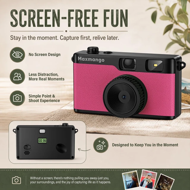 Alt view image 2 of 7 - Maxmango D53 Vintage Digital Camera - Retro Digital Camera 12MP Screenless Vintage Camera Disposable Camera Replacement Includes 8GB SD Card Pink