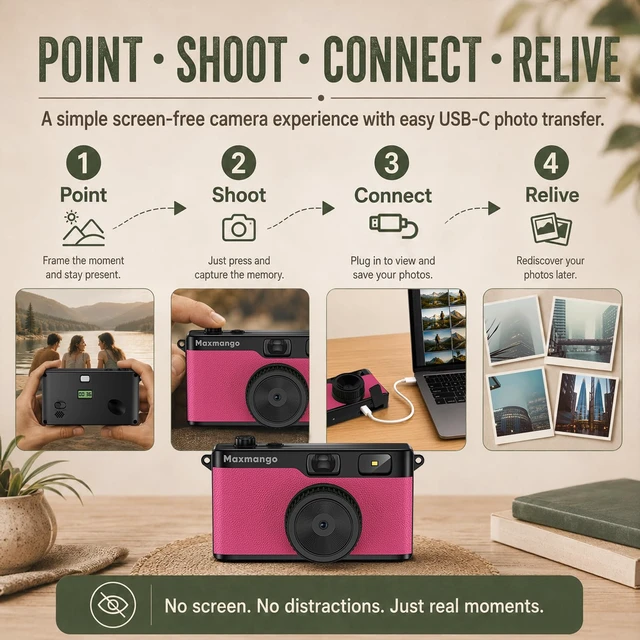 Alt view image 3 of 7 - Maxmango D53 Vintage Digital Camera - Retro Digital Camera 12MP Screenless Vintage Camera Disposable Camera Replacement Includes 8GB SD Card Pink