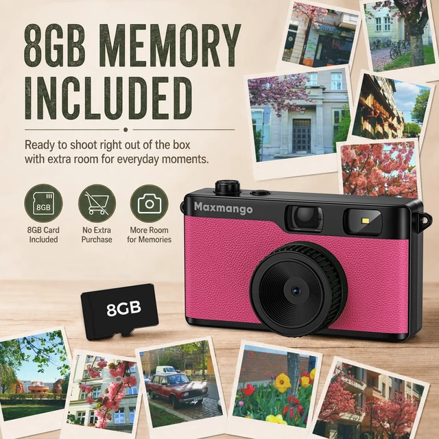 Alt view image 4 of 7 - Maxmango D53 Vintage Digital Camera - Retro Digital Camera 12MP Screenless Vintage Camera Disposable Camera Replacement Includes 8GB SD Card Pink
