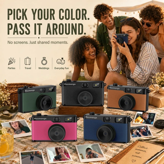 Alt view image 6 of 7 - Maxmango D53 Vintage Digital Camera - Retro Digital Camera 12MP Screenless Vintage Camera Disposable Camera Replacement Includes 8GB SD Card Pink