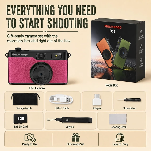 Alt view image 7 of 7 - Maxmango D53 Vintage Digital Camera - Retro Digital Camera 12MP Screenless Vintage Camera Disposable Camera Replacement Includes 8GB SD Card Pink