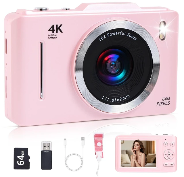 Main image of Digital Camera Latest 4K Autofocus Camera, 64MP 2.8" Large FHD Screen, 64GB Card, 16X Zoom, Anti-Shake, Compact Portable Point and Shoot Camera for Kids Teens Beginners, Birthday Gift-Pink